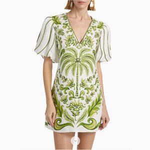 FARM Rio Milani Floral Print Linen Mini Dress, Off-White/Green, NWT 🇧🇷